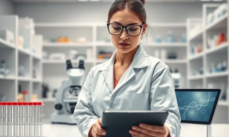 Scientist in biotechnology laboratory analyzing genetic research, representing Editas Medicine's genome editing work