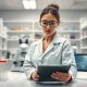 Scientist in biotechnology laboratory analyzing genetic research, representing Editas Medicine's genome editing work