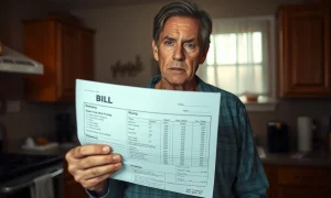 A homeowner reviews a high electricity bill, highlighting a key midterm election issue.