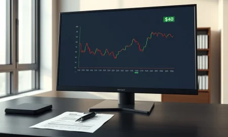 Professional trading desk with monitor showing ELF stock chart and options contract, illustrating the e.l.f. Beauty options strategy.