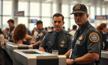 TSA officers at an airport security checkpoint as Elon Musk offers to pay salaries.