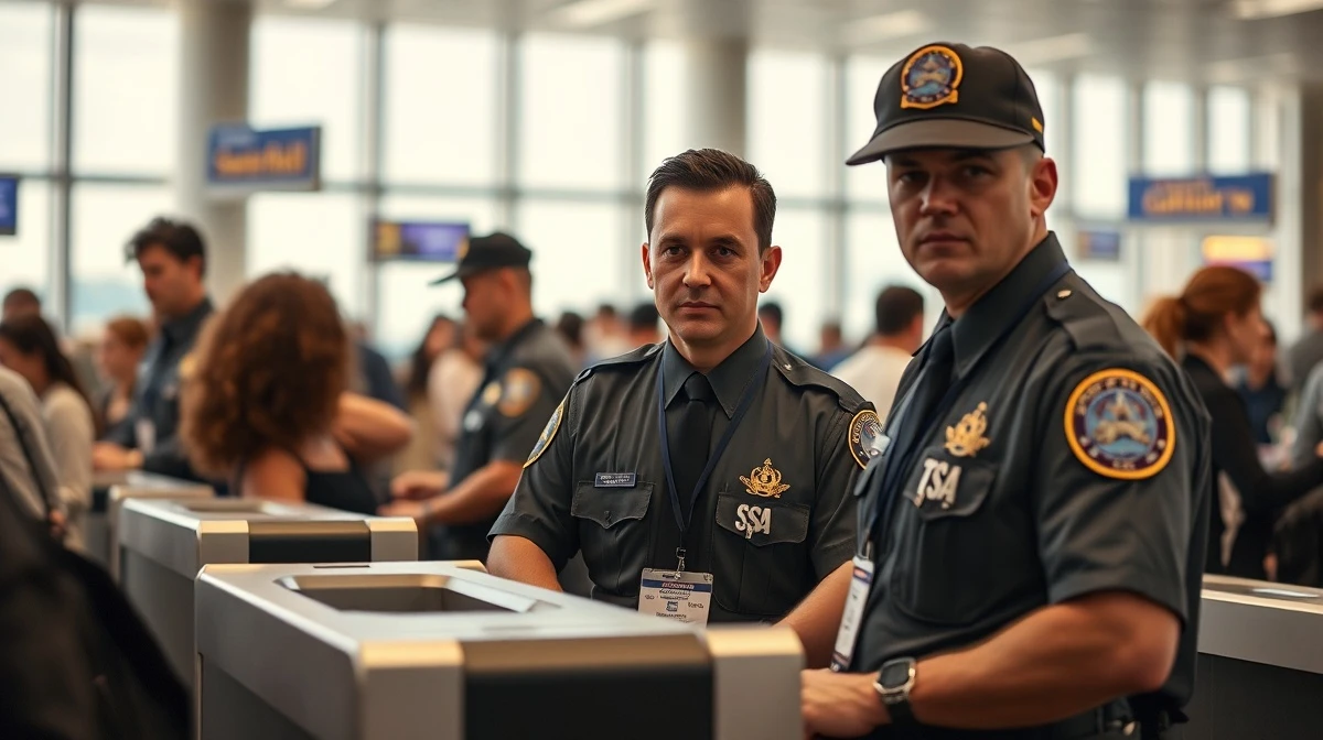 TSA officers at an airport security checkpoint as Elon Musk offers to pay salaries.