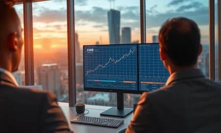 Trading desk monitors showing EMB ETF bond market data and analysis for emerging markets.