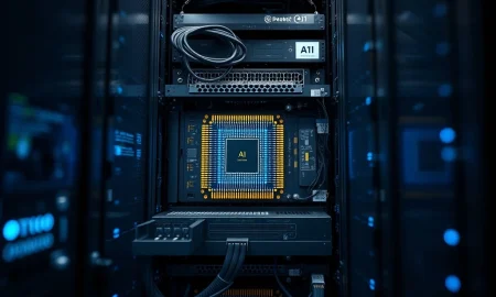 Advanced AI data center server rack highlighting the networking hardware bottleneck Eridu aims to solve.