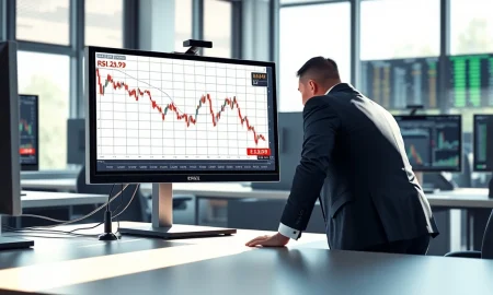 Financial analyst monitoring Erie Indemnity stock chart showing oversold RSI reading of 29.99