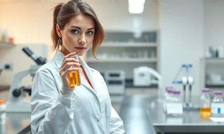 Research scientist in Esperion Therapeutics laboratory analyzing cardiovascular drug sample for earnings report context.