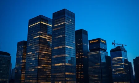 European financial district skyline representing EUFN ETF and investor outflows in 2026 markets.