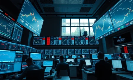 Financial trading floor with monitors showing EUR/JPY currency pair charts and data.