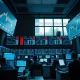 Financial trading floor with monitors showing EUR/JPY currency pair charts and data.