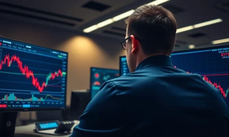 A trader monitors a forex chart showing the EUR/USD exchange rate declining amid market volatility.