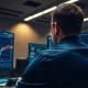 A trader monitors a forex chart showing the EUR/USD exchange rate declining amid market volatility.
