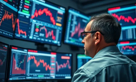 A trader monitors falling EUR/USD forex charts following geopolitical news.