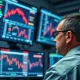 A trader monitors falling EUR/USD forex charts following geopolitical news.