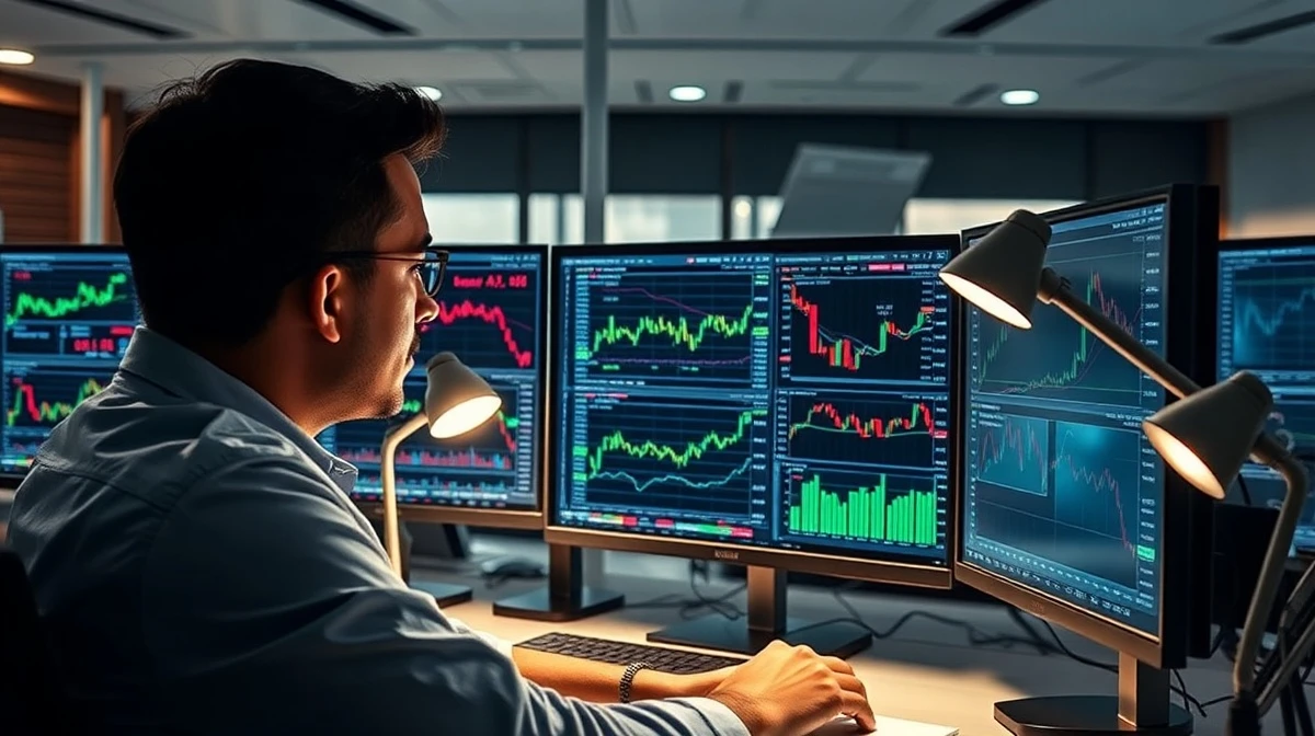 Analyst monitors EUR/USD forex charts showing pullback risk from Federal Reserve signals.