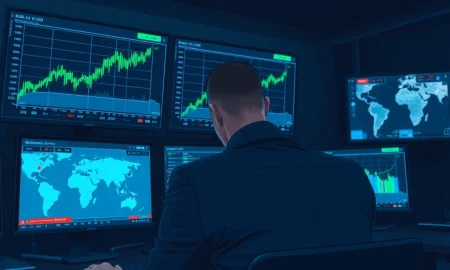 Trader monitors EUR/USD forex charts rising slightly amid US-Iran war market caution.