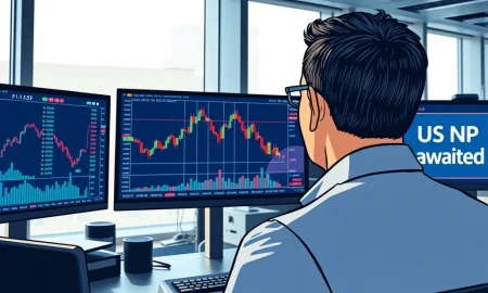 Forex trading desk monitoring EUR/USD exchange rate ahead of US Non-Farm Payrolls report.