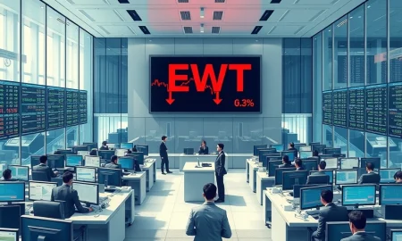 Trading floor in Taipei showing the EWT ETF ticker with red downward arrows indicating a significant capital outflow.