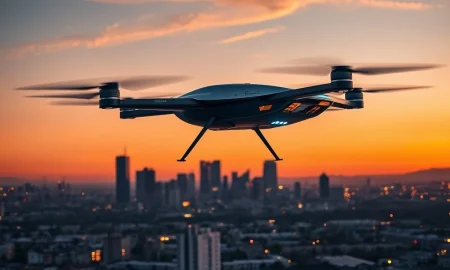 An eVTOL flying taxi hovers above a city at dusk following FAA approval for tests in 26 states.