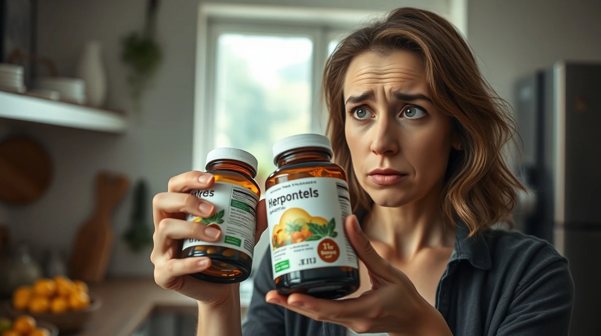 Consumer examines herbal supplement bottle after FDA warning about hidden Viagra ingredient.