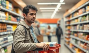 Consumer examines rising prices in grocery store during February inflation analysis.