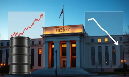 Federal Reserve building with economic pressure from weak jobs data and oil price shock