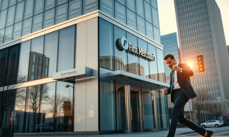 First Merchants bank building in Indianapolis as stock yield passes 4%, representing income investing opportunity.
