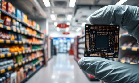 Five Below store shelves and a semiconductor wafer representing the companies reporting earnings.