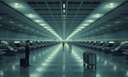 Empty airport terminal concourse after mass flight cancellations.