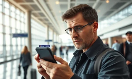 Smartphone screen showing Flighty app's airport disruption alerts in a modern terminal.