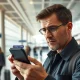 Smartphone screen showing Flighty app's airport disruption alerts in a modern terminal.