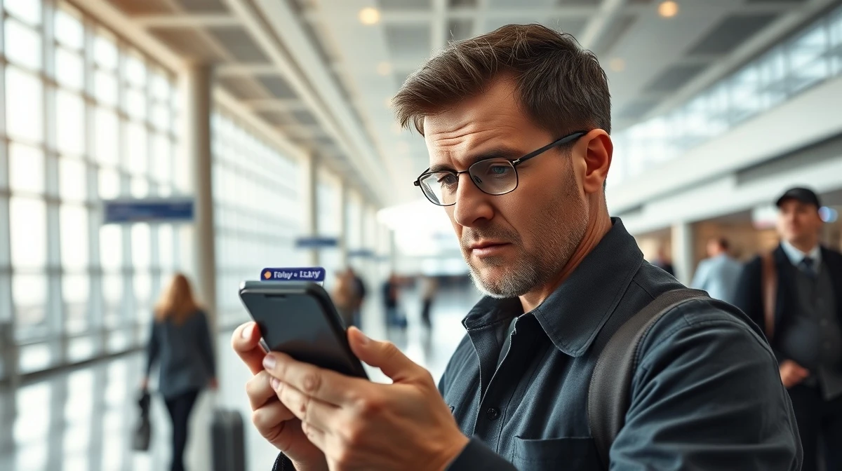 Smartphone screen showing Flighty app's airport disruption alerts in a modern terminal.