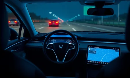 Ford BlueCruise dashboard interface showing navigation screen during nighttime highway driving