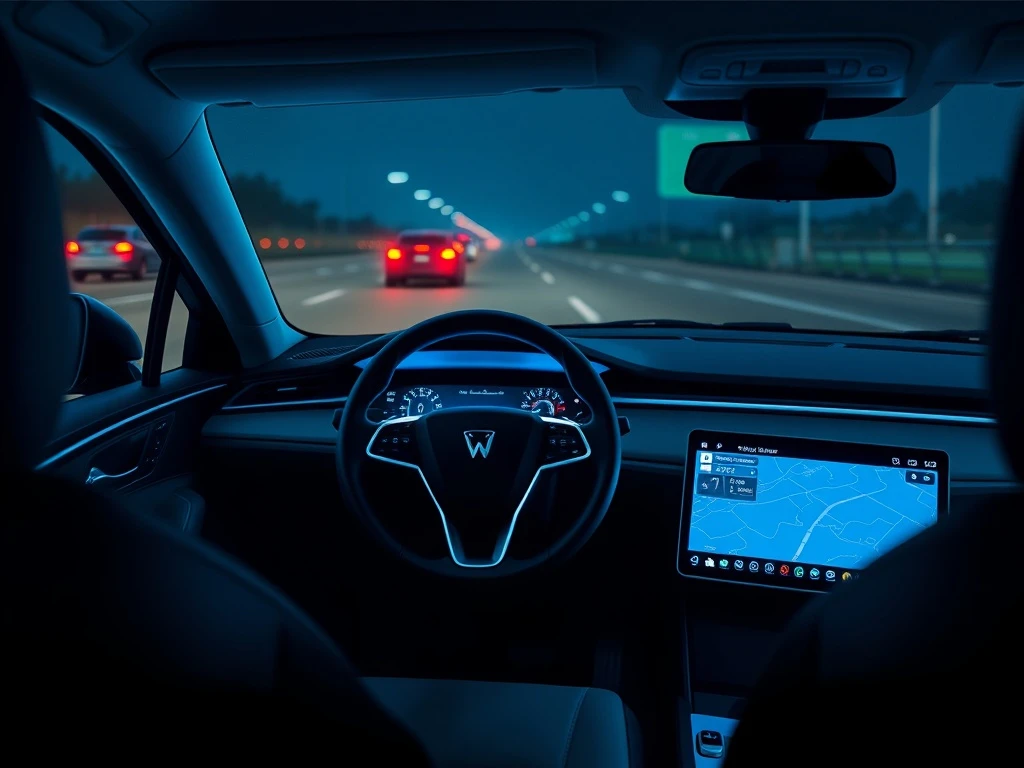 Ford BlueCruise dashboard interface showing navigation screen during nighttime highway driving
