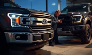 Ford F-150 and Bronco at service center for critical headlight and engine valve recall inspection.