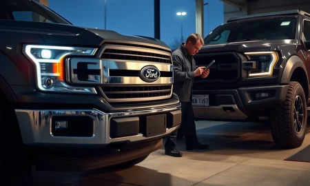 Ford F-150 and Bronco at service center for critical headlight and engine valve recall inspection.