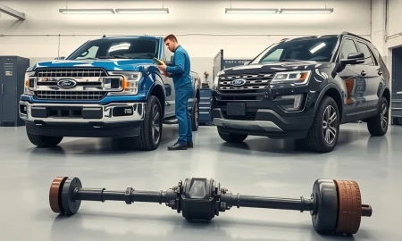 Ford F-150 and Explorer SUVs undergoing safety recall inspection for wiper and driveshaft defects.