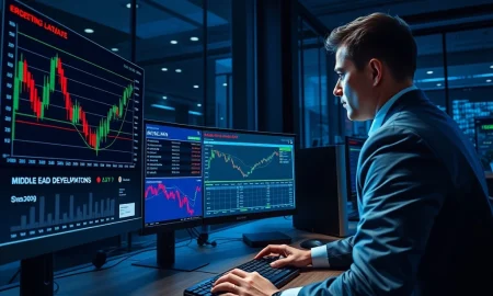 Forex trading desk monitoring US NFP data and Middle East crisis impact on currency markets