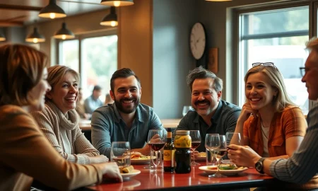 A group of adults using friendship apps to connect over dinner in a restaurant.