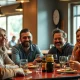 A group of adults using friendship apps to connect over dinner in a restaurant.