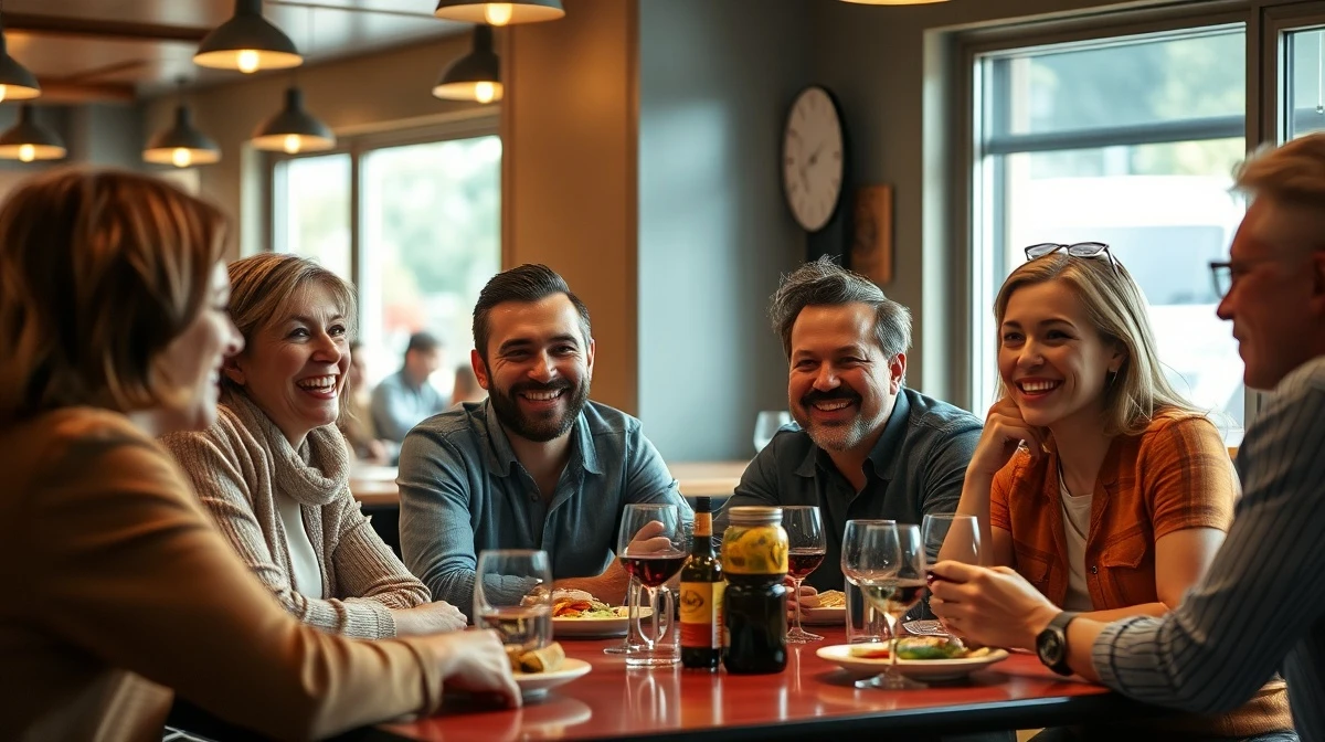 A group of adults using friendship apps to connect over dinner in a restaurant.