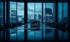 London financial district boardroom with documents analyzing FTSE 100 executive compensation trends.