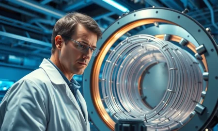 A scientist examines components for a nuclear fusion reactor in a high-tech laboratory.