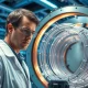 A scientist examines components for a nuclear fusion reactor in a high-tech laboratory.