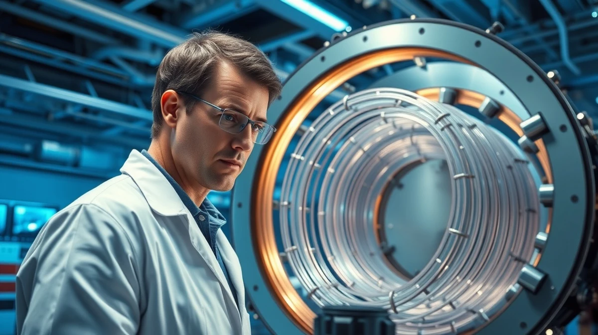 A scientist examines components for a nuclear fusion reactor in a high-tech laboratory.