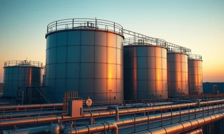G7 strategic oil reserve storage tanks at an industrial facility, representing the 2026 energy security decision.