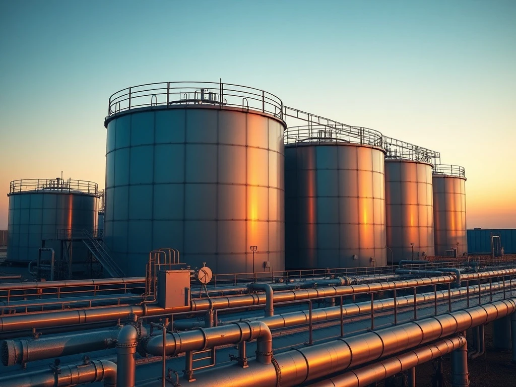 G7 strategic oil reserve storage tanks at an industrial facility, representing the 2026 energy security decision.