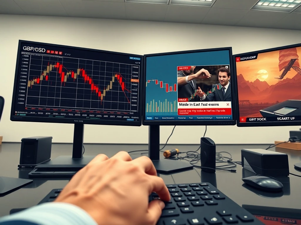 GBP/USD chart falling as oil prices and Iran conflict boost the US Dollar on trading screens.