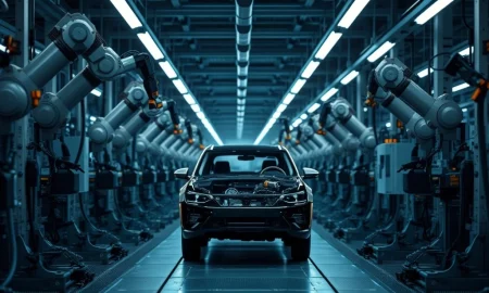 German industrial production stagnation shown by paused automotive assembly line in factory.