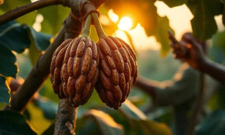 Cocoa pods on a tree in a West African plantation as global supplies weigh on prices.