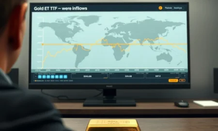 Analysis of stagnant gold ETF investment flows despite geopolitical tensions, featuring a financial chart.